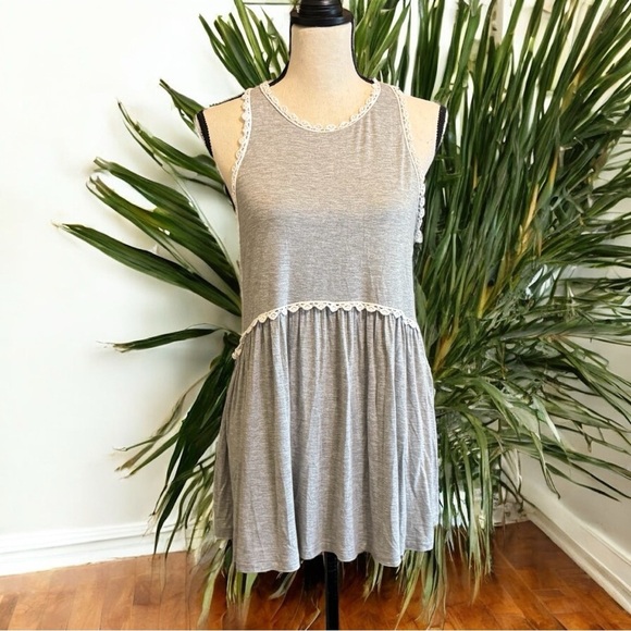 POL Tops - POL Gray Sleeveless Babydoll Tunic Top with Crochet Trim – Size M